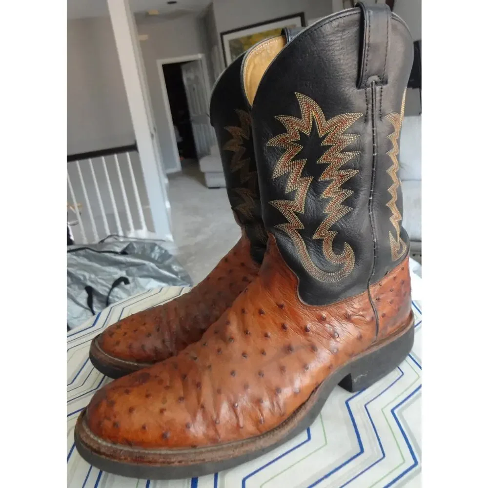 Vintage JUSTIN Ostrich Leather Brown Black Western Cowboy Boot Men 12 Full Quill
